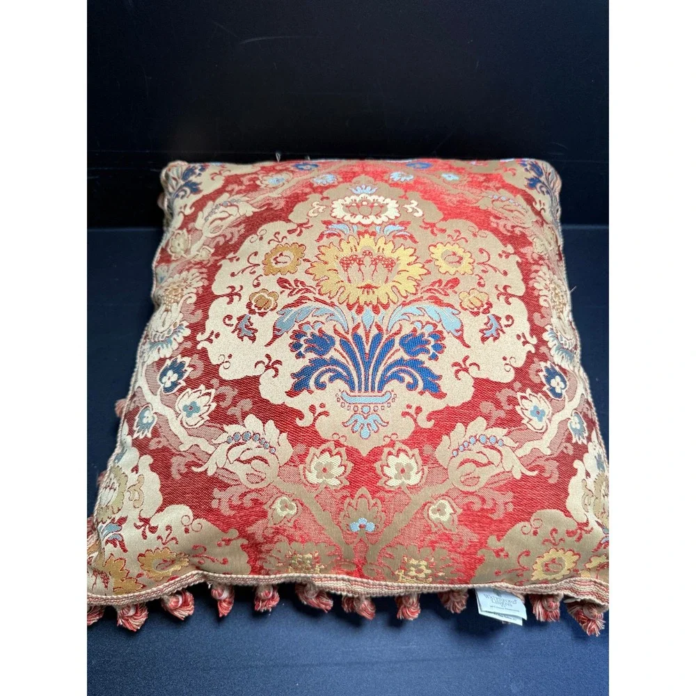 Waterford Linens Set of 2 Red Gold Damask Tassel Fringe Throw Pillows 18x18